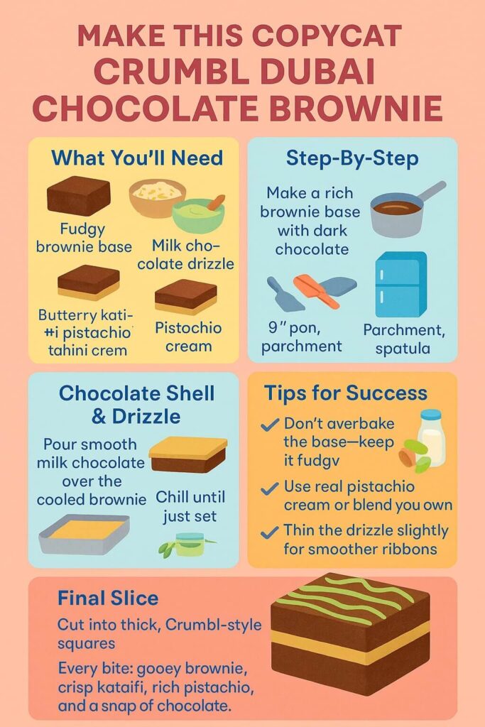 Copycat Crumbl Dubai Chocolate Brownie Recipe Card